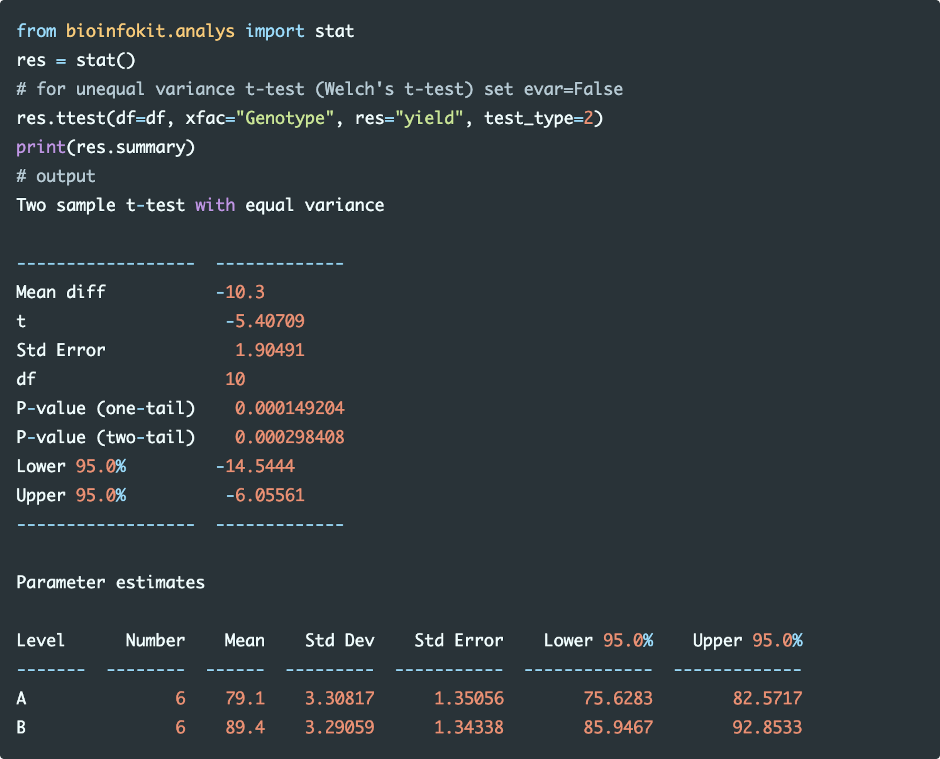 two sample t-test using bioinfokit